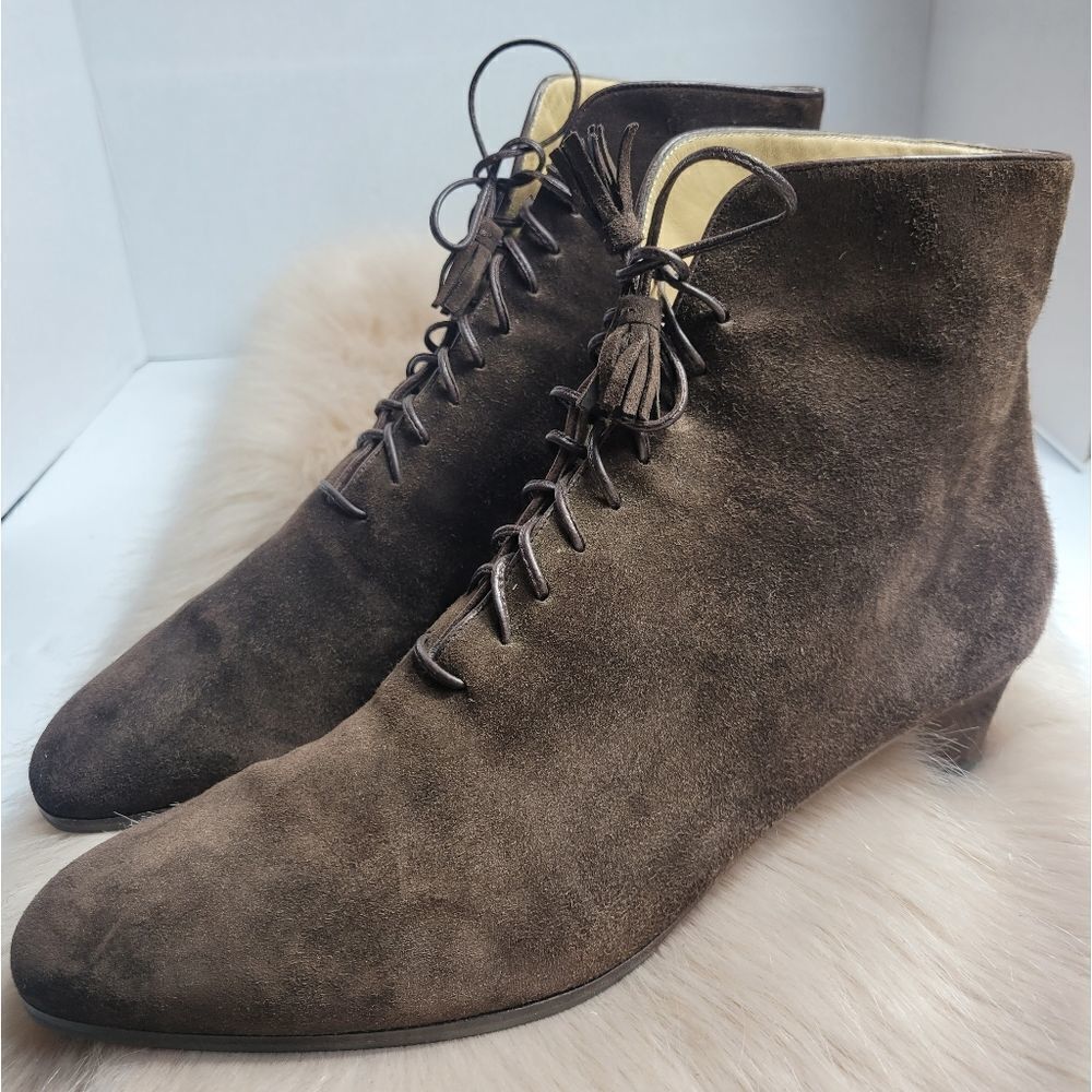 Salvatore Ferragamo Brown Brushed Suede Pointed Kitten Heel Lace up Booties